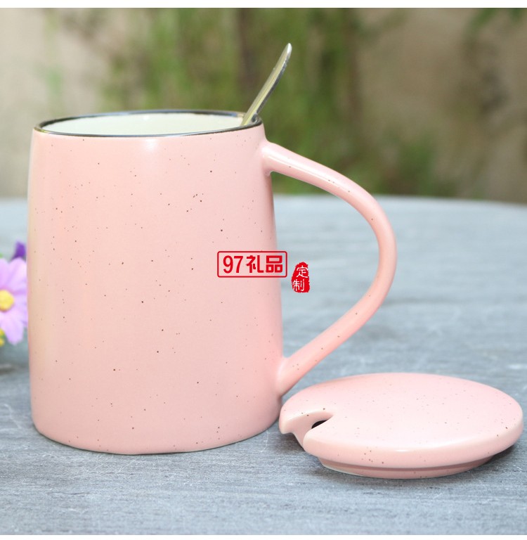 創意色釉陶瓷杯 帶勺子帶蓋子馬克杯 大容量早餐牛奶杯可印logo