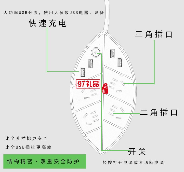 萬達定制創意USB智能插排樹葉拖線插座定制公司廣告禮品